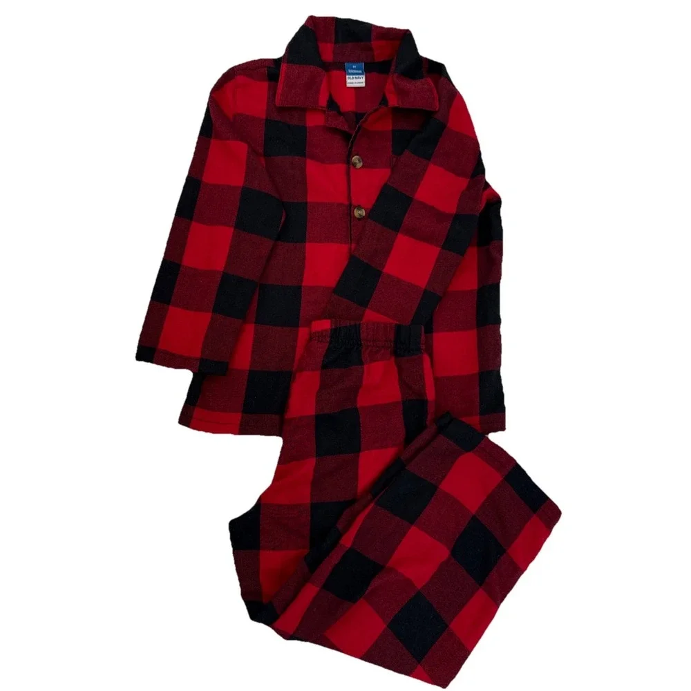 Old Navy‎ Gender-Neutral Kids Plaid Flannel Pajama Set Boy Girl 3T Black Red
